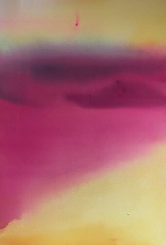 Illumine An illustrative digital painting titled "Illumine" that blends Hawaiian and Persian cultural motifs. A hula dancer with long dark hair stands in the center, looking up with her arms raised toward a radiant, glowing sky. She wears a yellow top, a rust-colored patterned skirt, and floral lei around her head, neck, wrists, and ankles. The central scene is framed by a pointed arch lined with Persian calligraphy. The background features a purple horizon transitioning into a brilliant orange and yellow light filled with soaring white doves. The entire piece is encased in an intricate blue and gold floral border, with vibrant orange ʻōhiʻa lehua blossoms and pink lotus flowers in the bottom corners.