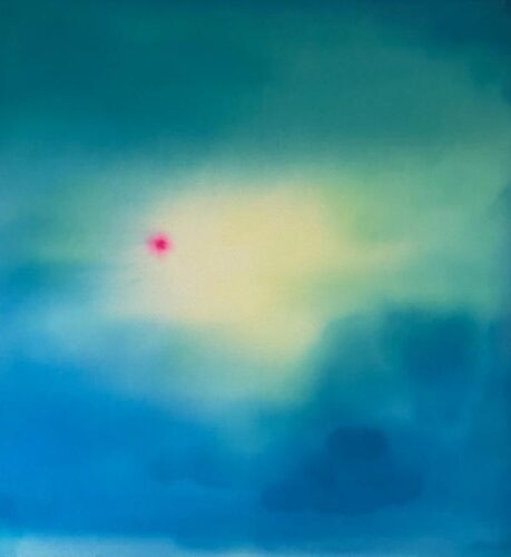 An abstract painting featuring a soft, atmospheric blend of colors. The background transitions from a deep teal and turquoise at the top to a brighter, glowing pale yellow and light green center, eventually shifting into a rich cerulean blue at the bottom. The brushwork is smooth and hazy, resembling a dreamlike sky or an underwater scene. To the left of the central glow, there is a single, small, vibrant magenta or "red star" dot that serves as a sharp focal point against the soft, cool-toned background.