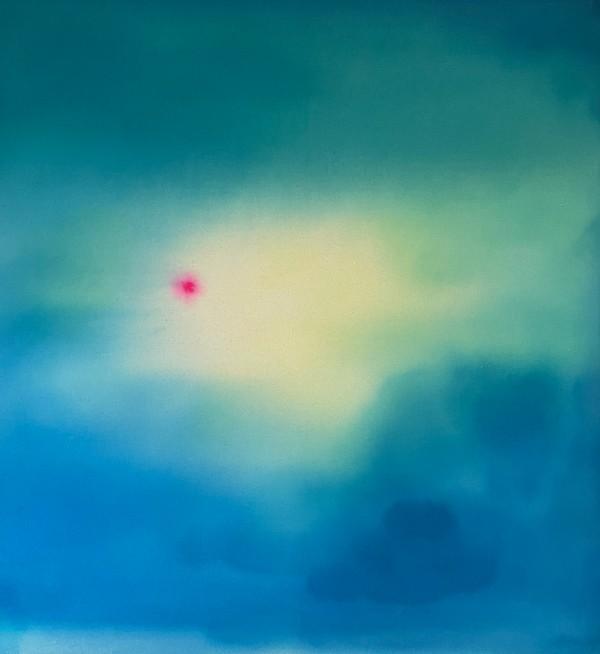 An abstract painting featuring a soft, atmospheric blend of colors. The background transitions from a deep teal and turquoise at the top to a brighter, glowing pale yellow and light green center, eventually shifting into a rich cerulean blue at the bottom. The brushwork is smooth and hazy, resembling a dreamlike sky or an underwater scene. To the left of the central glow, there is a single, small, vibrant magenta or "red star" dot that serves as a sharp focal point against the soft, cool-toned background.
