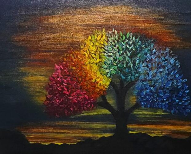 Painting of a tree with a black trunk and branches, its canopy divided into vibrant colors—red, orange, yellow, green, and blue—forming a rainbow effect. The tree stands against a dramatic sunset sky with streaks of gold and deep brown, and a dark silhouetted landscape in the foreground.
