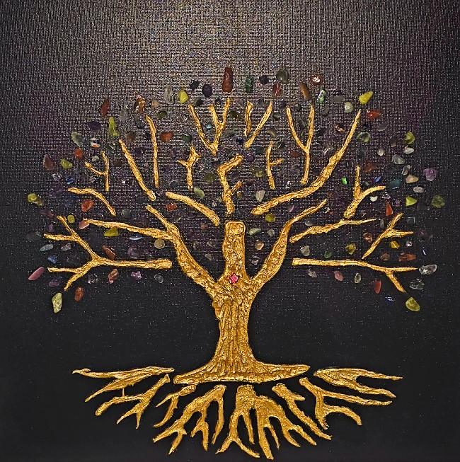 An artistic mixed-media representation of a Tree of Life set against a textured black canvas. The Tree: The central figure is a majestic tree with a thick trunk and wide-spreading branches and roots, all rendered in a textured, metallic gold finish. The texture gives it a rugged, bark-like appearance. The Foliage: Instead of leaves, the branches are adorned with a variety of small, polished gemstones in diverse colors, including shades of green, purple, blue, red, and amber. These "leaves" are scattered both on and around the golden branches. The Roots: Below the trunk, the golden roots mirror the complexity of the branches, spreading outward in sharp, organic lines. The Heart: A small, single pinkish-red gemstone is placed at the center of the trunk, serving as a focal point or "heart." Background: The entire piece is set on a dark, finely textured black background that makes the gold and colorful stones pop vividly.