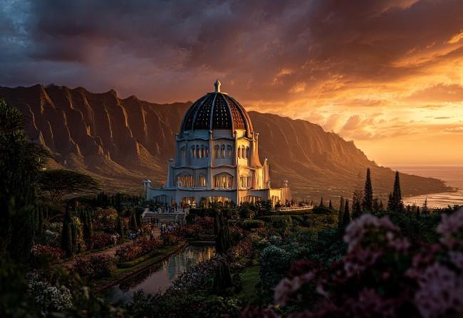 A wide, cinematic shot of a grand, domed white temple with intricate architecture, inspired by Baháʼí Houses of Worship, situated at the base of dramatic, fluted green mountains reminiscent of the Na Pali Coast. The scene is set during a vibrant sunset, with golden and orange light illuminating the temple and the rugged mountain ridges. In the foreground, lush, manicured gardens with colorful flowers and a reflecting pool lead toward the structure. The ocean is visible in the distance under a moody, cloud-filled sky.