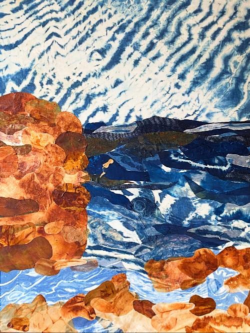 An abstract collage of Waimea Bay, created with layered fabrics and paper in shades of blue, white, and earthy ochre.

On the left, a tall, vertical rock formation is composed of overlapping, rounded pieces of warm, reddish-brown and tan material. At the bottom, similar scattered rocks sit along a pale blue shoreline. The center depicts a turbulent deep blue sea with white, textured waves, where a small, minimalist figure of a person is shown mid-jump or diving from the large rock into the water. The sky fills the top half of the composition with a striking white and blue pattern, resembling rippled clouds or shibori-dyed fabric.