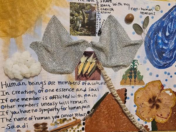 Mixed-media collage about interconnectedness featuring two fabric birds flying across a textured background. Surrounding elements include a cotton cloud, a painted sun, a blue circular shape resembling Earth, dried leaves and flowers, seeds, and small illustrations of plants and people. Handwritten text quotes Saadi: “Human beings are members of a whole, in creation, of one essence and soul. If one member is afflicted with pain, other members uneasy will remain. If you have no sympathy for human pain, the name of human you cannot retain.” Additional notes reference “human–nonhuman relations.”