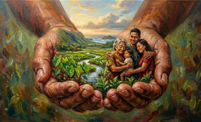 An oil painting featuring a multi-generational Hawaiian family—a grandmother, father, mother, and young child—cradled within a pair of massive, weathered hands. The hands hold a lush landscape of taro (kalo) plants and a winding river that leads toward a coastal valley and sunset. - AI Generated