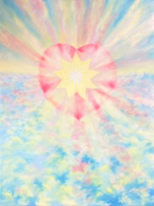 A soft, impressionistic painting titled "Ohana o na Pu’uwai Na’au; Family of the Spiritual Heart." A large, radiant pink heart floats in the center of the frame, emitting soft beams of light in all directions. At the heart's center is a glowing eight-pointed yellow star with a white core. The background consists of a dreamlike sea of clouds in pastel shades of blue, yellow, and pink, blending into a pale sky where the light rays stretch toward the edges.
