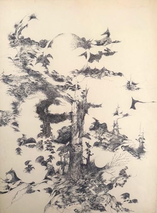 A surrealist, highly detailed black ink drawing executed with stipple and cross-hatch shading techniques on a cream-colored background. The composition portrays a fantastical, fragmented forest scene that appears to float or dissolve into negative space. At the center stands a prominent, textured tree trunk rendered with dense vertical lines. Its branches reach upward to cradle a large, transparent or negative-space sphere outlined by shaded, crescent-like leaf structures at the top of the composition. Surrounding the central tree are smaller, jagged tree trunks, rocky outcrops, and patches of dense foliage that create floating island-like formations. The artwork leaves vast areas of the cream paper blank, giving the entire forest landscape an airy, dreamlike, and ethereal quality.