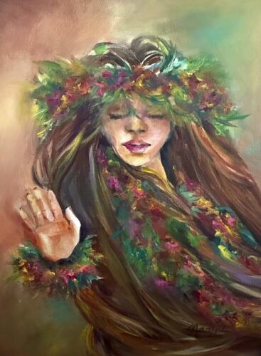 An oil or acrylic painting on canvas of a traditional hula dancer with her eyes softly closed in a moment of focus or reflection. The style features expressive, fluid brushstrokes and a warm color palette. The dancer has long, flowing brown hair and is adorned with a large lei poʻo (head lei) and a matching lei āʻī (neck lei) woven from green foliage and magenta flowers. Her right hand is raised to the side with her palm facing forward, showing a leafy lei kūpeʻe (wristlet) around her wrist. Her body is turned slightly to the side, and the abstract background blends soft earth tones of brown, ochre, and muted green.