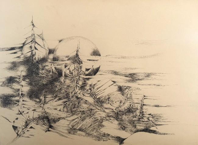 A detailed, surrealist stipple and cross-hatch ink drawing in black ink on a cream-colored background. The composition features a complex, dreamlike landscape blending maritime elements with abstract geometry. On the left side, the hulls of two wooden ships or canoes appear to emerge from or dissolve into a heavily shaded thicket of branches and cross-hatched shadows. Behind the ships sits a large, smooth, perfectly spherical object that dominates the upper-left quadrant. The ground in the foreground is a textured, rocky shore depicted with dense stippling. Fine, horizontal ink lines stretch across the right side of the drawing, suggesting a calm sea or a hazy horizon line under a vast, empty sky.