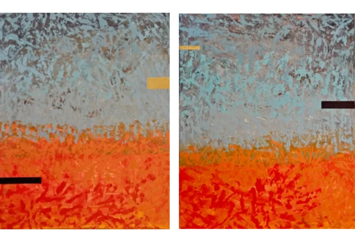 An abstract diptych painting divided into two vertical panels. Both panels feature a heavily textured, impasto style with choppy, energetic brushstrokes. The composition is split horizontally into two primary color fields: a vibrant, fiery red and orange field occupying the bottom half, and a muted, cool light blue and gray field occupying the top half. Left Panel: A solid black horizontal rectangular block cuts into the lower left orange field. A gold horizontal rectangular block sits near the right edge in the blue field. Right Panel: A tiny gold rectangular block is positioned at the upper left edge in the blue field, while a solid black horizontal rectangular block cuts into the right edge of the blue field, just above the horizon line where the blue and orange colors meet.