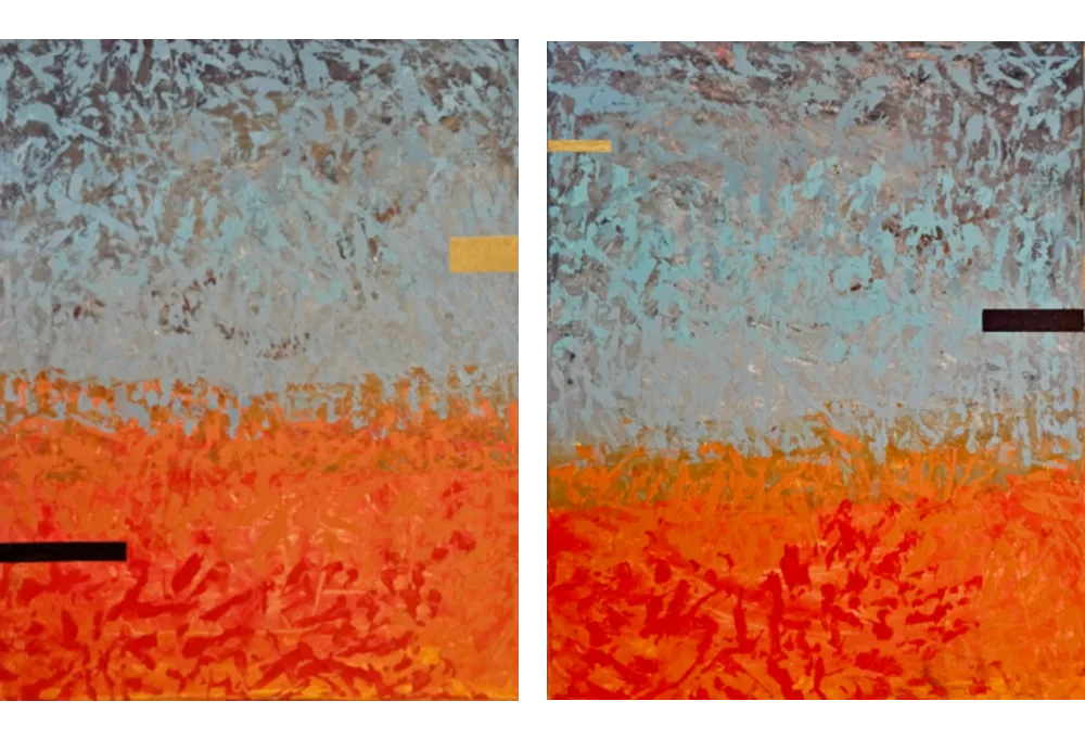 An abstract diptych painting divided into two vertical panels. Both panels feature a heavily textured, impasto style with choppy, energetic brushstrokes. The composition is split horizontally into two primary color fields: a vibrant, fiery red and orange field occupying the bottom half, and a muted, cool light blue and gray field occupying the top half. Left Panel: A solid black horizontal rectangular block cuts into the lower left orange field. A gold horizontal rectangular block sits near the right edge in the blue field. Right Panel: A tiny gold rectangular block is positioned at the upper left edge in the blue field, while a solid black horizontal rectangular block cuts into the right edge of the blue field, just above the horizon line where the blue and orange colors meet.