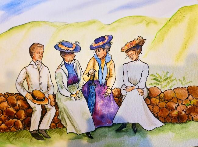 Watercolor and ink illustration of four figures in early-20th-century attire seated along a low stone wall outdoors against rolling green hills. From left to right: a young man in a white suit holding a straw boater hat; a woman in a light grey skirt suit with a blue blouse and wide-brimmed blue hat; a woman in a yellow jacket, purple skirt, blue scarf, and purple hat resting her hand on a closed umbrella; and a woman seated with hands folded in a long white high-collar dress and a wide-brimmed straw hat.